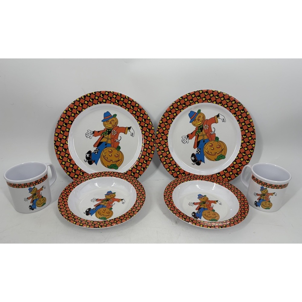 VTG 90s Halloween Scarecrow Jack O Lantern Moon Stars Melamine Dinnerware Set